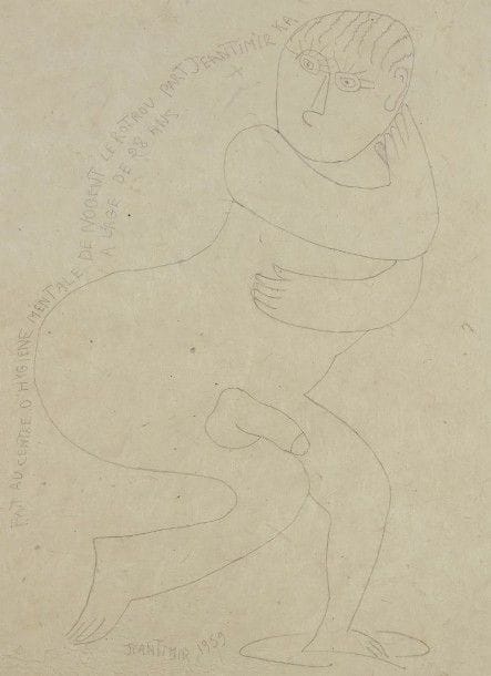 Jeantimir KCHAOUDOFF (né en 1941)
Personnage, 1959
Dessin à la mine de plomb.
Signé et daté en bas à gauche.
Annoté « Fait au Centre d’Hygiène Mentale de Nogent le Rotrou ».
41 x 30 cm