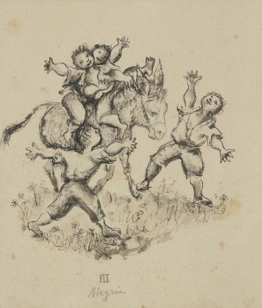 Balthazar LOBO CASUERO [espagnol] 
(attribué à)
Enfants à l’âne ou Alegria
Dessin à l’encre.
Non signé.
Annoté Alegria en bas au milieu.
(Petites taches).
23 x 19,5 cm