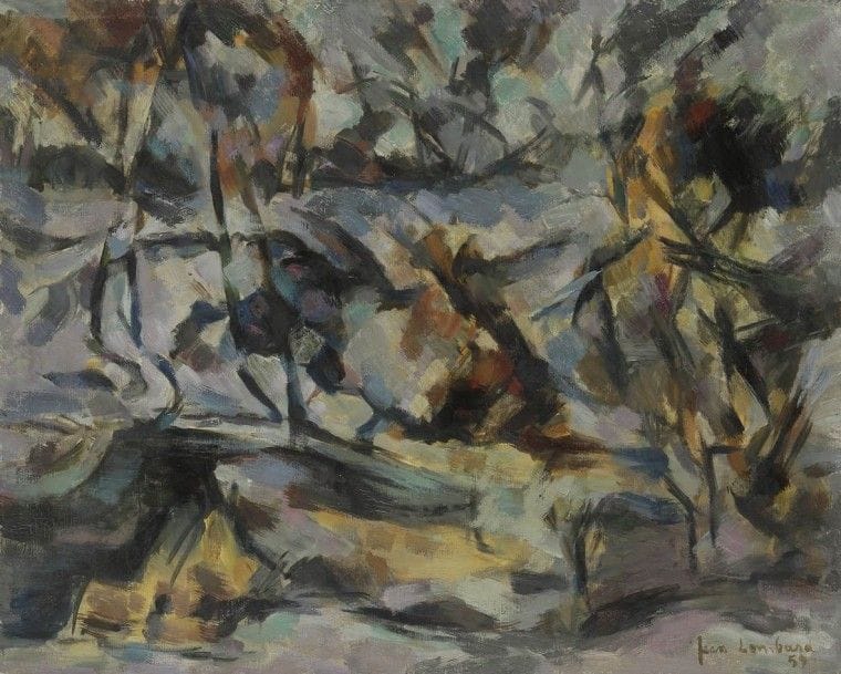 Jean LOMBARD (1895-1983)
La Forêt brûlée, 1959
Huile sur toile.
Signée et datée en bas à droite.
Signée et titrée au dos.
65 x 81 cm