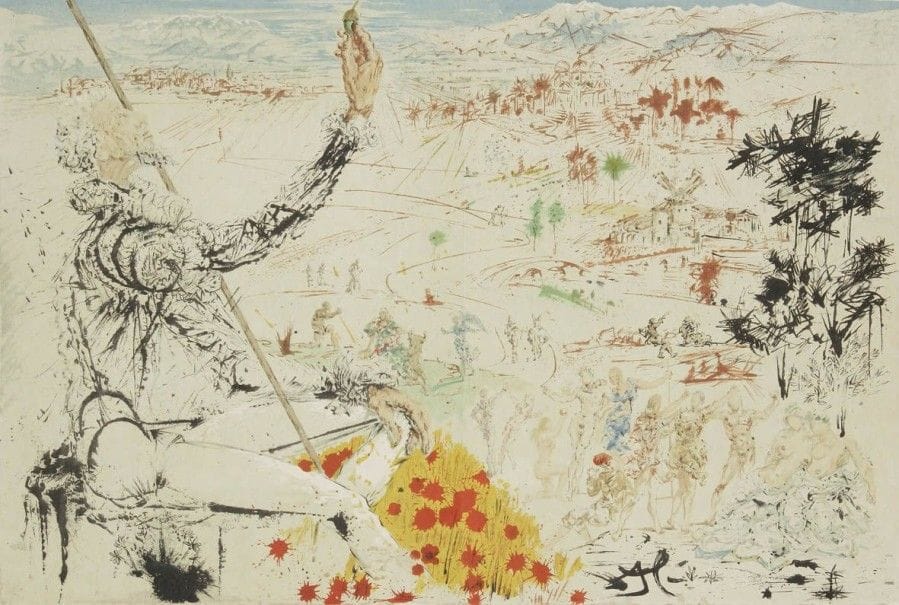 Salvador DALI (1904-1989)
Don Quichotte
Lithographie sur japon.
Signée dans la planche.
(Plis et marges rognées).
41,5 x 66 cm