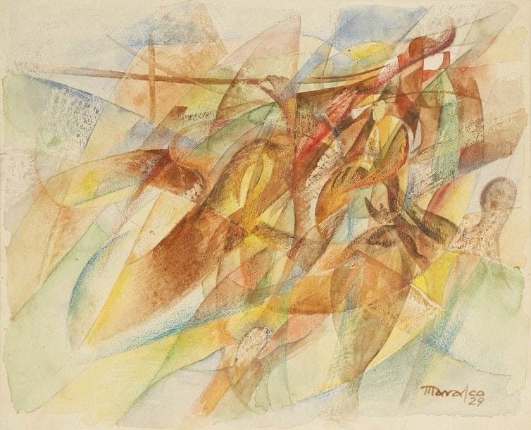 Antonio MARASCO [italien] (1896-1975)
Dinamismo di un atleta, 1929
Aquarelle et crayon gras.
Signée et datée en bas à droite.
Signée et titrée au dos.
24 x 28,5 cm