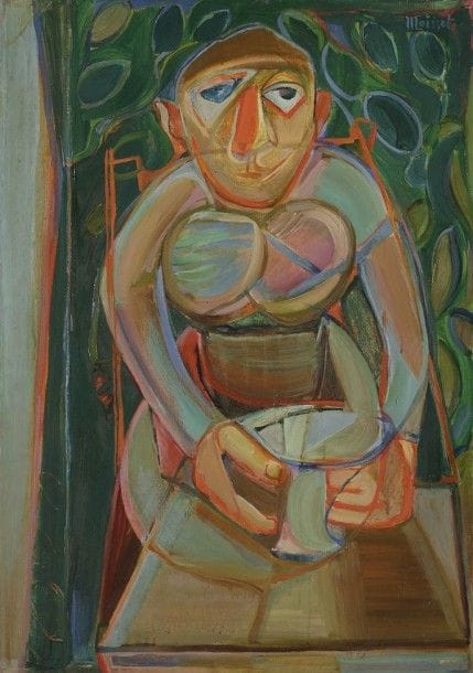 Raymond MOISSET (1906-1994)
Femme assise, 1946
Huile sur toile.
Signée en haut à droite.
Signée et datée au dos.
92 x 65 cm