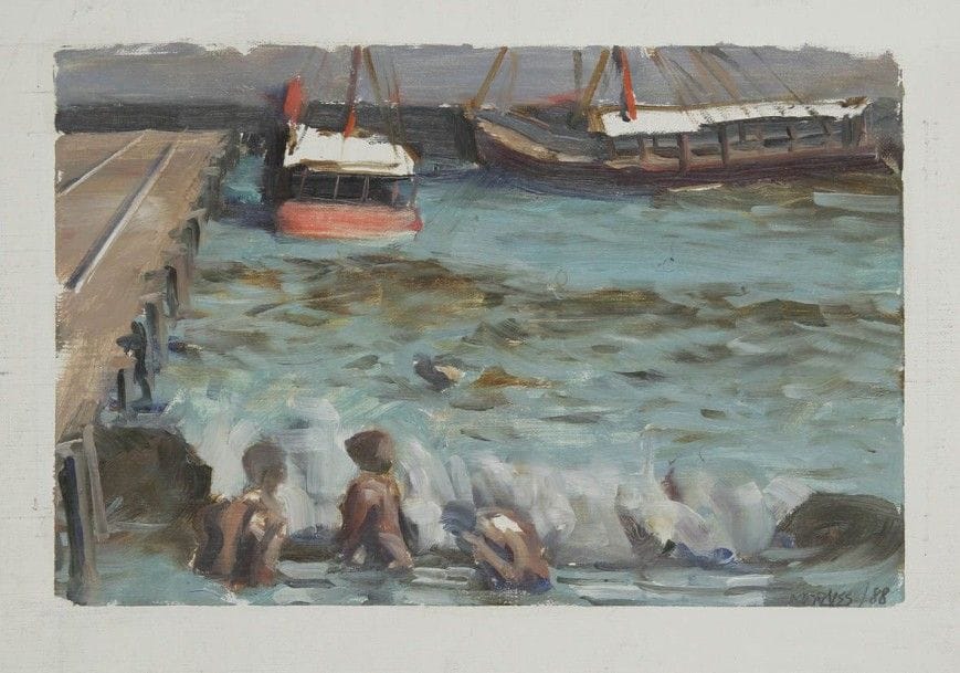 Armando MORALES [nicaraguayen] (1927-2011)
Baigneurs au port, 1988
Huile sur toile.
Signée et datée en bas à droite.
16 x 24 cm