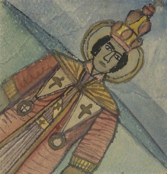 Krynicki NIKIFOR [polonais] (1895-1966)
Personnage saint à la mitra ; résurrection de Jésus
2 aquarelles.
12 x 8 cm et 18 x 15 cm