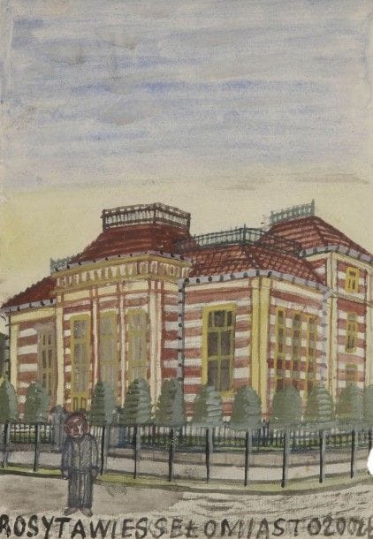 Krynicki NIKIFOR [polonais] (1895-1966)
Villa et un personnage. En bas annoté : ROSYTAWIESSELOMIASTO200ZL. 
Aquarelle et gouache.
Au dos deux cachets PAMIATKA Z KRYNICY / NIKIFOR (SOUVENIR DE KRYNICA / NIKIFOR) et un MISTRZ W KRYNICY / NIKIFOR (MAÎTRE DE KRYNICA / NIKIFOR) et le prix : 200 ZL. 
29,5 x 20,5 cm