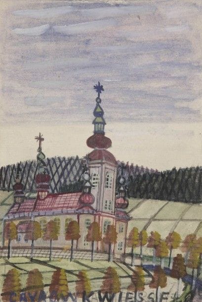Krynicki NIKIFOR [polonais] (1895-1966)
Église à la campagne. En bas annoté : CRYROWKWIESSELO100. 
Aquarelle et gouache.
Au dos deux cachets : NIKIFOR ARTYSTA / KRYNICA WIES (NIKIFOR ARTISTE / KRYNICA VILLAGE) et un : NIKIFOR MATEJKO / KRYNICA WIES / ARTYSTA MALARZ (NIKIFOR MATEJKO / KRYNICA VILLAGE / ARTISTE PEINTRE).
25 x 17 cm