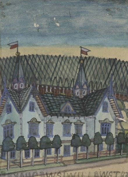 Krynicki NIKIFOR [polonais] (1895-1966)
Villa à Krynica avec des drapeaux polonais. En bas annoté : KRYNICAWSIWILLAWSTRZ. 
Aquarelle et gouache.
Au dos un tampon : NIKIFOR MATEJKO / KRYNICA WIES / ARTYSTA MALARZ (NIKIFOR MATEJKO / KRYNICA VILLAGE / ARTISTE PEINTRE).
22,5 x 16,5 cm