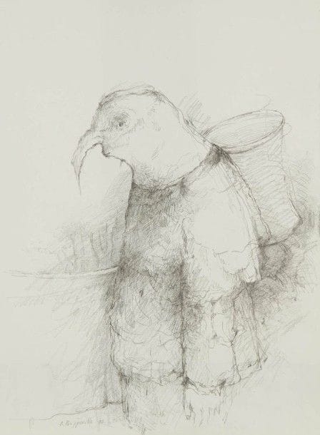 Denis POUPPEVILLE (né en 1947)
Personnage aux couteaux - Homme oiseau
2 dessins à la mine de plomb ou encre et crayon.
Signés.
35,5 x 24 cm et 31 x 23 cm