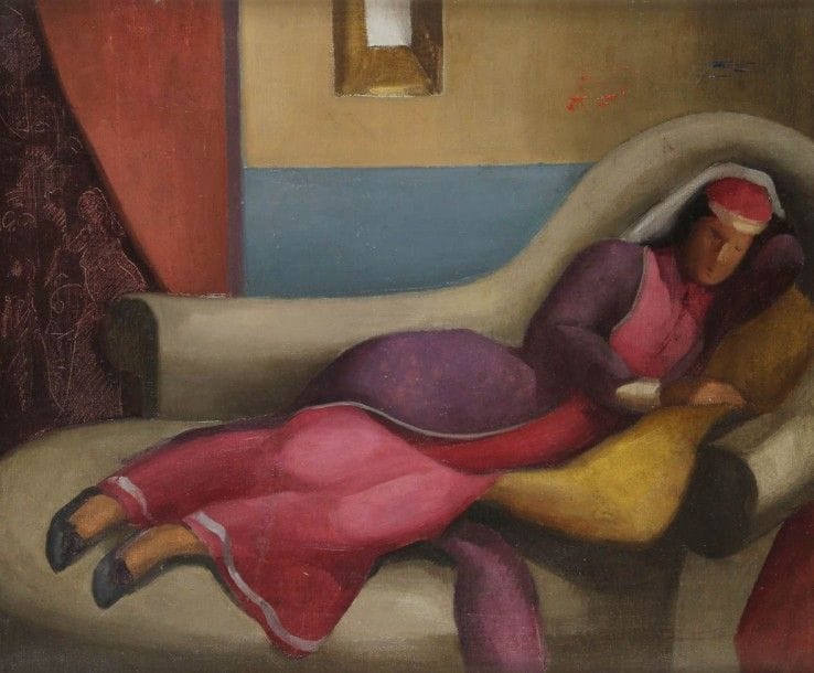 Attribué à Ferdinand SCHIRREN
Femme allongée
Huile sur toile.
(Petits accidents).
47 x 55 cm