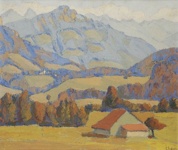Gaston THEVOZ (1902-1948)
Paysage de montagne, 1932
Huile sur toile.
Signée en bas à droite.
Datée au dos.
46 x 55 cm