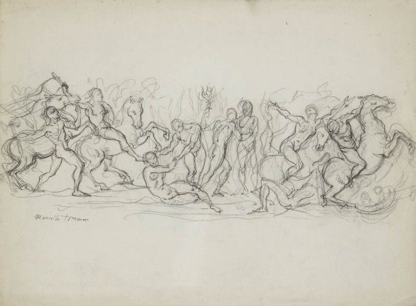 Marcello TOMMASI [italien] (1928-2008)
Scène mythologique
Dessin au fusain.
Signé en bas à gauche.
(Petits plis et déchirures sur les bords).
48,5 x 66,5 cm