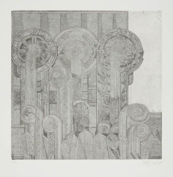 Johannes GACHNANG (1939-2005)
Die Neue Historische Architektur, 1966
Eaux-fortes.
Ouvrage complet dans son emboitage comprenant 12 planches toutes signées et numérotées sur 50 (L) et une page de titre.
50 x 70 cm