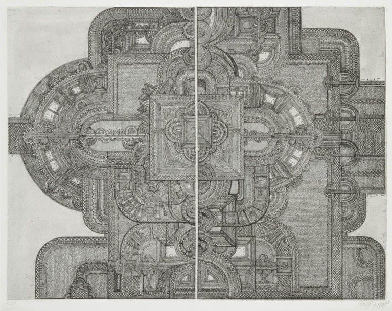 Johannes GACHNANG (1939-2005)
Die Neue Historische Architektur, 1966
Eaux-fortes.
Ouvrage complet dans son emboitage comprenant 12 planches toutes signées et numérotées sur 50 (L) et une page de titre.
50 x 70 cm