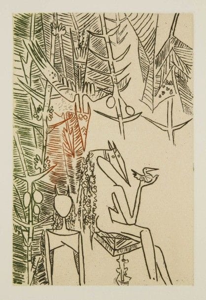Wifredo LAM et Jean-Dominique REY
L’Herbe sous les pavés, 1982
6 eaux-fortes en couleur.
Ouvrage de cinq nouvelles illustrées de six eaux-fortes originales.
Tirage sur vélin d’arches à 122 exemplaires, signé et numéroté.
Il est précisé que la mort de Wifredo Lam l’empêcha de signer, comme prévu, chacune des eaux-fortes.
34 x 28 cm