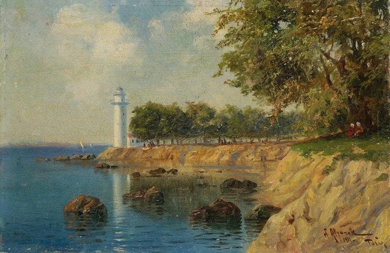 Hrand ALYANAK (1880-?)
Paysage au phare, 1911 Huile sur toile. Signée, datée et titrée en bas à droite. 27 x 41 cm