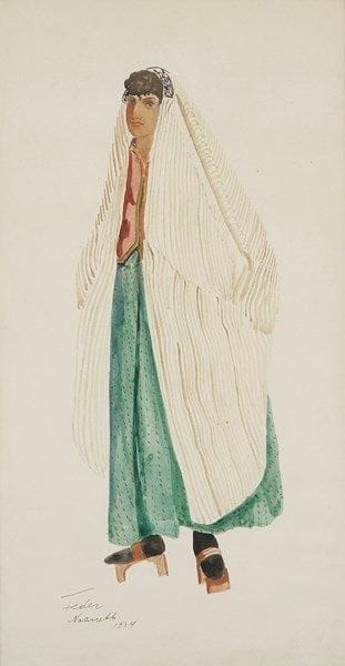 Adolphe FEDER (1886-1945)
Femme en costume traditionnel, 1934 Gouache et aquarelle. Signée, datée et située «Nazareth» en bas à gauche. 46 x 25 cm
