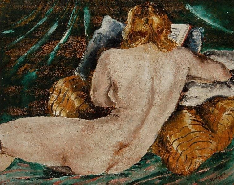 Laszlo MEDGYES (1892-?)
Femme nue lisant Huile sur panneau. Signée en bas à droite. 32,5 x 41 cm