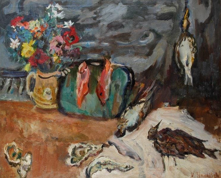 Vladimir NAIDITCH (1903-1980)
Nature morte aux gibier et poissons Huile sur toile. Signée en bas à droite. 81 x 100 cm Exposition: Salon des Tuileries.