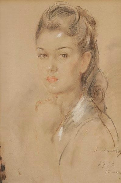 Evguenii NIKOLSKY (c.1890-1944)
Portrait de femme, 1939 Dessin aux trois crayons. Signé et daté en bas à droite. 45 x 29 cm