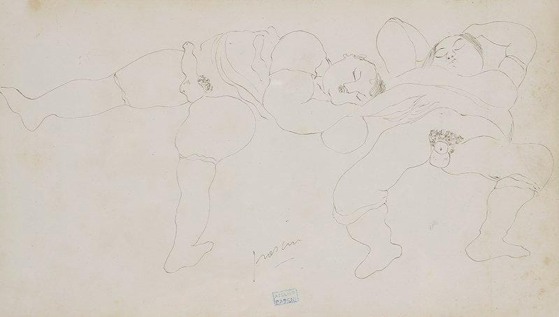 J. PINCAS DIT PASCIN (1885-1930)
Deux amis Dessin à la plume. Signé en bas au milieu. Porte le cachet de l'atelier. 17 x 30 cm