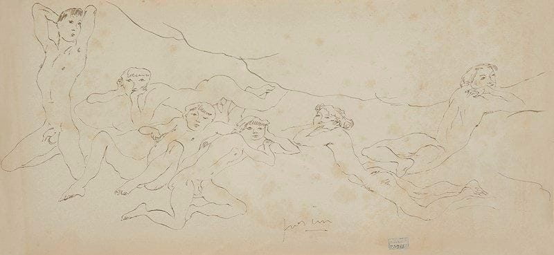 J. PINCAS DIT PASCIN (1885-1930)
Étude d'hommes Dessin à la plume. Signé en bas au milieu. Porte le cachet de l'atelier. 17 x 36 cm