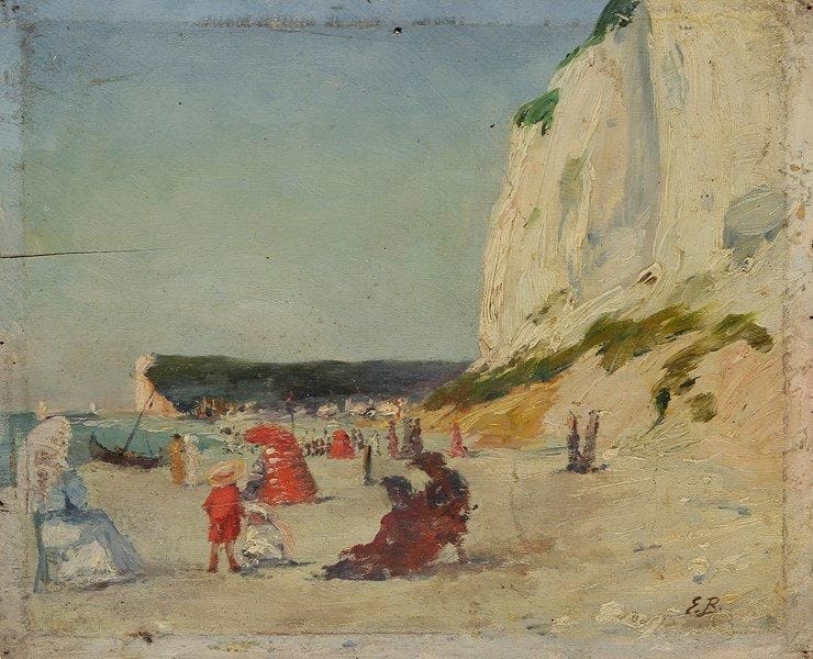 ÉCOLE FRANÇAISE début XXe
Plage animée en Normandie Huile sur panneau. Monogrammée en bas à droite. (Fente au panneau). 22 x 27 cm Provenance: Galerie Marcel Guiot.