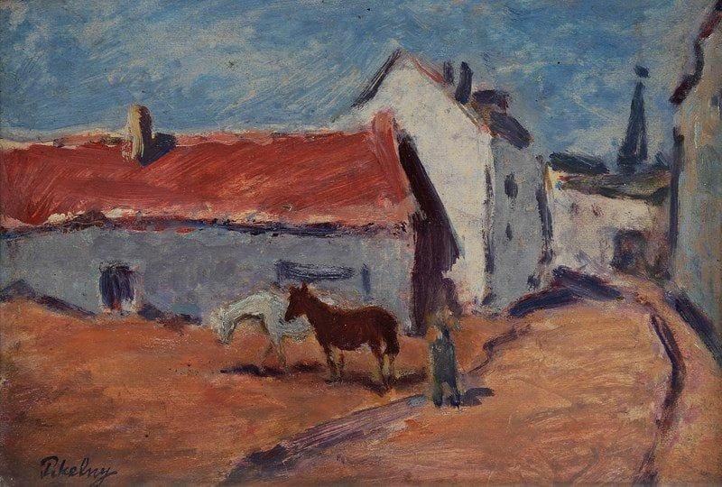 Robert PIKELNY (1904-1986)
Maison et chevaux Huile sur carton. Signée en bas à gauche. 20 x 26 cm