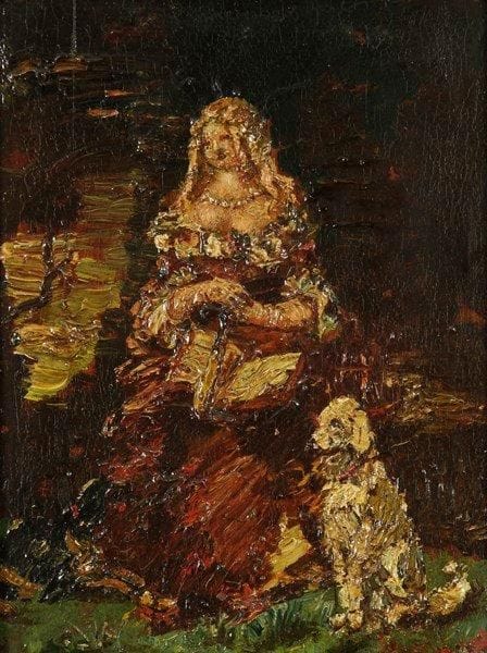 Adolphe Monticelli (1824-1886)
Femme au chien Huile sur panneau. Signée en bas à droite. 32 x 23 cm