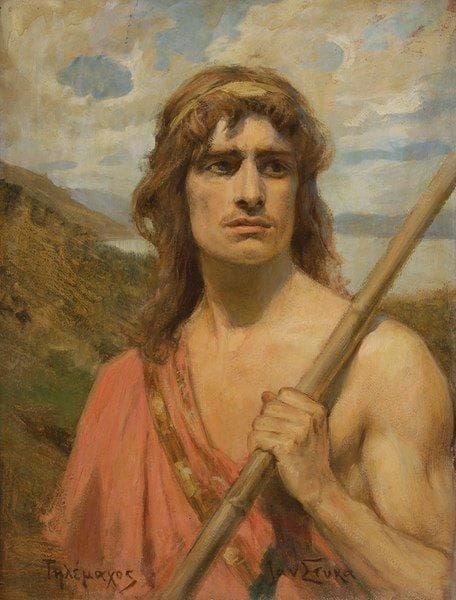 Jan STYKA [polonais] (1858-1925)
Télémaque Huile sur carton. Signée en bas à droite. Titrée en grec en bas à gauche. (Petits accidents). 81 x 60 cm