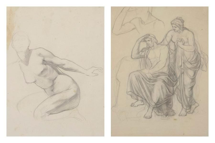 Jan STYKA [polonais] (1858-1925)
Lot de cinq études sur papier: a. Personnages antiques Mine de plomb, non signée, 25,5 x 19 cm b. Étude de femme Mine de plomb, non signée, 28 x 18 cm c. Étude d'hommes, mine de plomb et sepia, signée, 29 x 22 cm d. Étude d'homme et étude de main, mine de plomb, signée au dos, 28,5 x 21 cm (à vue) e. L'Avare Mine de plomb, non signée, 14 x 9 cm (à vue)