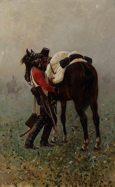 Charles Edouard DELORT (1841-1895)
Le Hussard Huile sur toile. Signée et dédicacée en bas à gauche. 50,5 x 32 cm