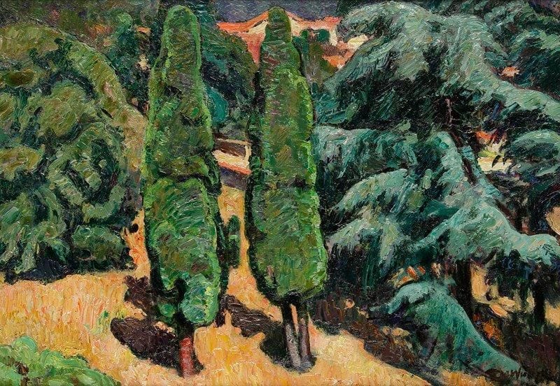David Osipovitch WIDHOPFF (1867-1933)
Paysage aux cyprès, 1923 (?) Huile sur carton. Signée et datée en bas à droite. 37,5 x 53,5 cm
