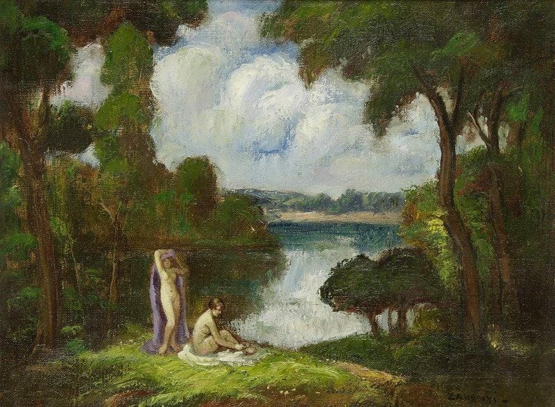 Geza ZAHONYI [hongrois] (1889-?)
Deux nus au bord du lac Huile sur toile. Signée en bas à droite. 40 x 50 cm