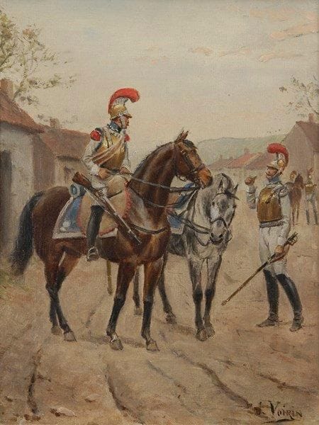 Jules Antoine VOIRIN (1833-1898)
Cuirassier à cheval Huile sur toile. Signée en bas à droite. 35 x 27 cm