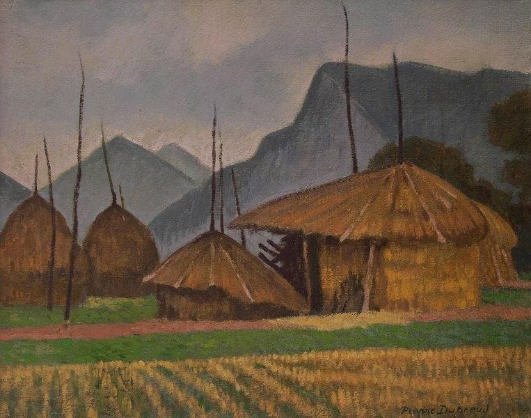Pierre DUBREUIL (1891-1970)
Meules de foins Huile sur toile. Signée en bas à droite. Titrée au dos sur le châssis. 33 x 41 cm