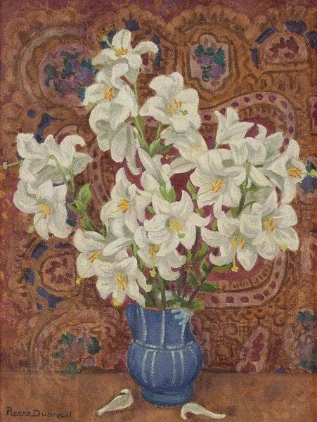 Pierre DUBREUIL (1891-1970)
Bouquet au vase bleu Huile sur toile. Signée en bas à gauche. Titrée au dos. 61 x 46 cm