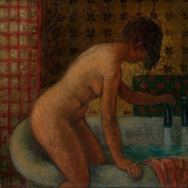 Pierre DUBREUIL (1891-1970)
Dans la salle de bain Huile sur toile. Signée en bas à gauche. Signée et titrée au dos. (Petite restauration). 40 x 40 cm