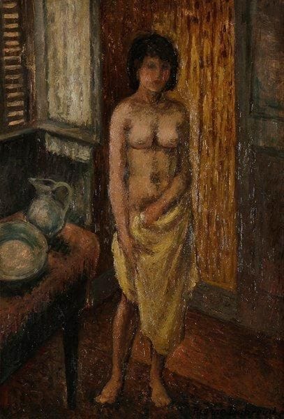 Pierre DUBREUIL (1891-1970)
Nu dans la chambre jaune Huile sur toile. Signée en bas à droite. Signée et datée au dos. (Petites restaurations). 55 x 38 cm