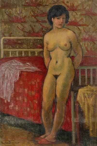 Pierre DUBREUIL (1891-1970)
Nu au bord du lit Huile sur toile. Signée en bas à gauche. Signée et titrée au dos. 55 x 38 cm