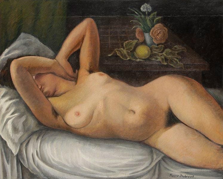 Pierre DUBREUIL (1891-1970)
Nu au bouquet, 1952 Huile sur toile. Signée en bas à droite. (Rentoilée). 81 x 100 cm Exposition: Des Artistes à la Coupole Montparnasse 1918-1940, Musée Bourdelle, 1990, numéro 70, reproduit page 54. Bibliographie: Pierre Dubreuil, Éditions Avant et Après, Paris, 1991, reproduit page 42.