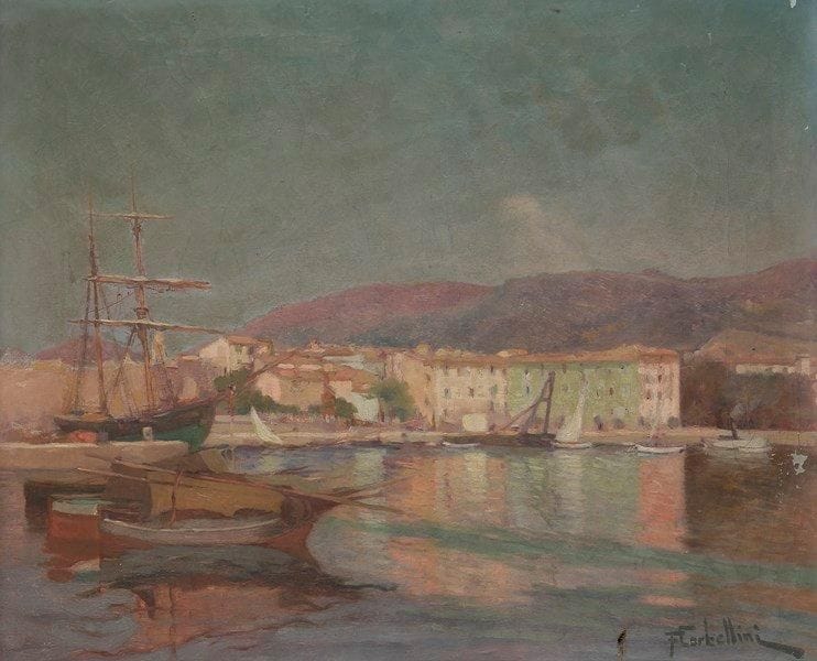 François CORBELLINI (1863-1943)
Corse, bateaux au port à Ajaccio Huile sur toile. Signée en bas à droite. (Petits accidents et manques). 50 x 61 cm