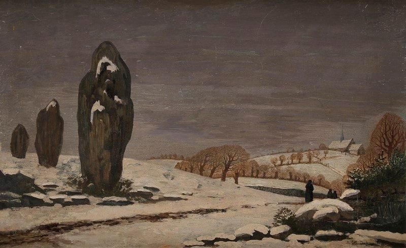 Pierre DUBREUIL (1891-1970)
La Neige sur les menhirs Peinture à la détrempe cirée sur panneau. Signée en bas à droite. Signée et titrée au dos. 33 x 55 cm