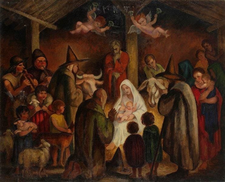 Pierre DUBREUIL (1891-1970)
Nativité Huile sur toile. Signée en bas au milieu. Signée et titrée au dos. 81 x 100 cm