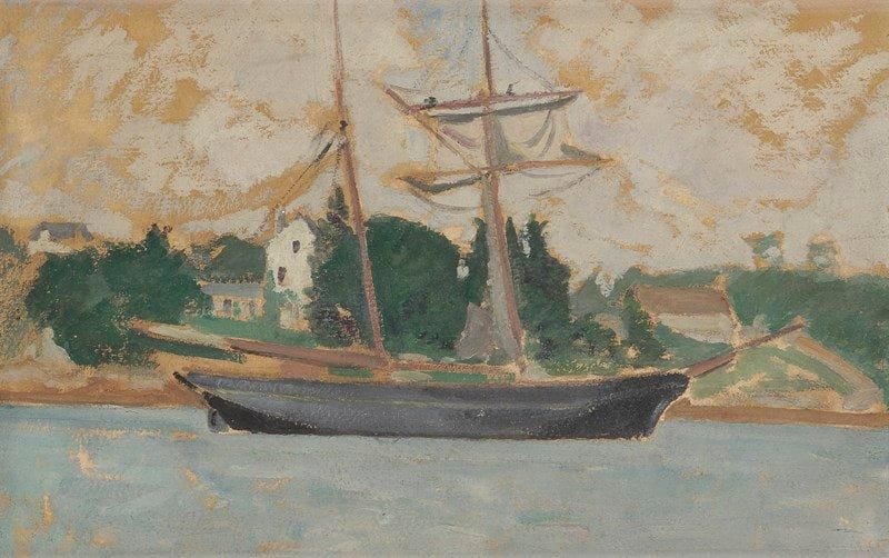 Jean PUY (1876-1960) Voilier au bord de la mer, vers 1903 Huile sur panneau. Non signée. 29 x 44,5 cm Bibliographie: Suzanne Limouzi et Louis Fressonnet-Puy, Catalogue Raisonné de l'oeuvre peint de Jean Puy (1876-1960), Tome 1, n°13004, page 66.