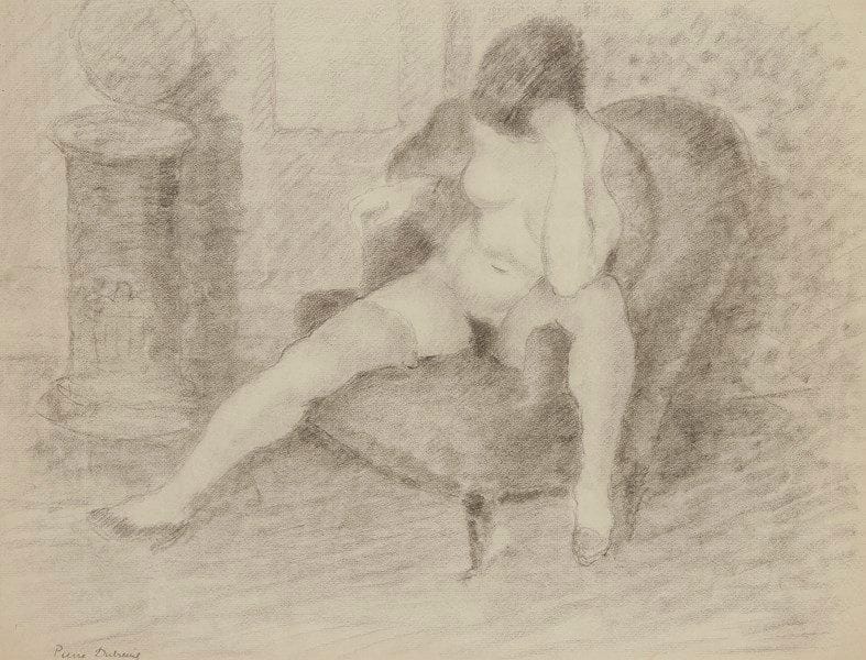 Pierre DUBREUIL (1891-1970)
Nu assis dans un fauteuil Fusain. Signé en bas à gauche. 46 x 60 cm