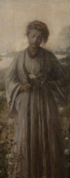 Hubert GLANSDORFF [belge] (1877-1963)
Jeune fille à la rose, 1906 Huile sur toile. Signée et datée en bas à droite. (Petites usures et manques). 150 x 60 cm