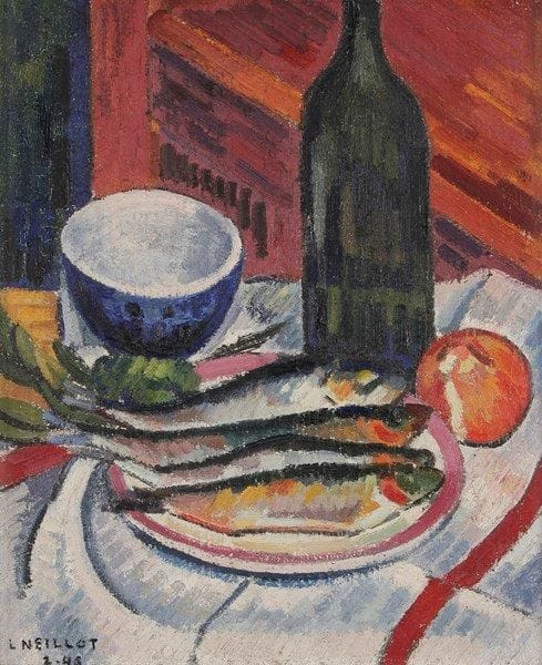 Louis NEILLOT (1898-1973)
Les Harengs, 1946 Huile sur toile. Signée et datée en bas à gauche. 46 x 38 cm Bibliographie: Collette Manigand-Neillot et Juliette Constantin- Neillot, Louis Neillot Catalogue Raisonné, 1997, numéro 489 reproduit page 85.