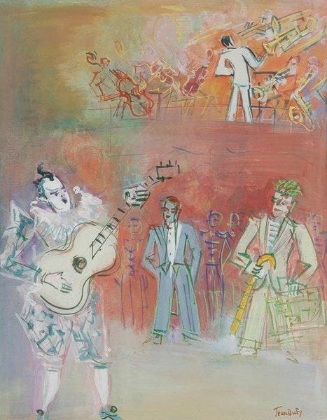 Jean DUFY (1888-1964)
Les Musiciens Gouache. Signée en bas à droite. Signature vraisemblablement apocryphe repassée sur la signature d'origine. 59 x 47 cm Nous remercions M. Jacques Bailly d'avoir confirmé l'authenticité de cette oeuvre.