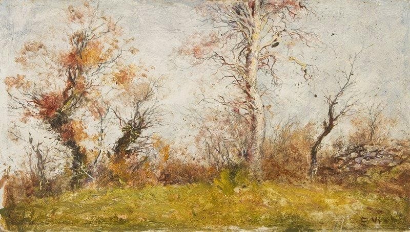 Eugène VIALA (1859-1913)
Paysage aux arbres Huile sur carton. Signée en bas droite. Porte le cachet de la vente de l'atelier au dos. 19 x 33 cm