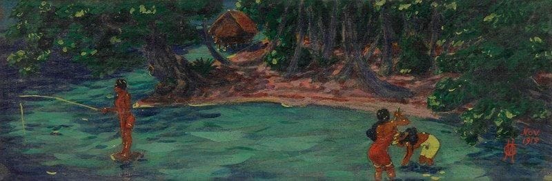 Octave MORILLOT (1878-1931)
Jeunes tahitiennes pêchant, 1919 Huile sur toile contrecollée sur carton. Monogrammée et datée en bas à droite. Dédicace de l'artiste de 1922 au dos du montage. 14 x 42 cm
